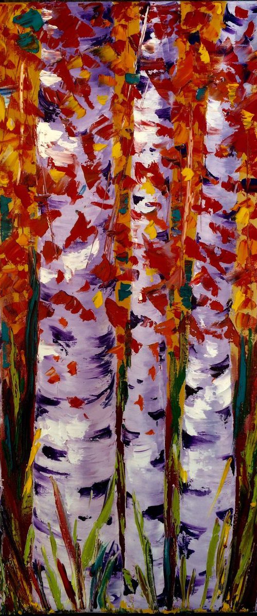 Autumn birches palette knife texture landscape by Inna Montano