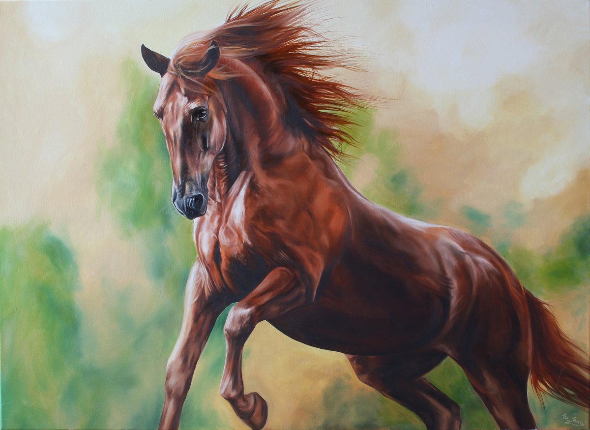 Photorealistic Animal Oil Painting By Marie Madej, 43 X 31", Fire O The Rise, Original Artwork
