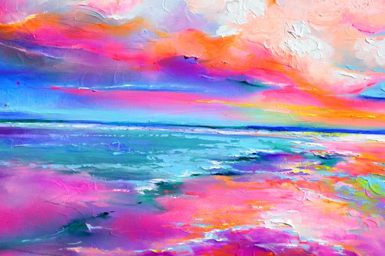 New Horizon 170 - 140x80 cm, Colourful Seascape, Sunset Painting, Impressionistic Colorful Painting, Large Modern Ready to Hang Abstract Landscape, Pink Sunset, Sunrise, Ocean Shore