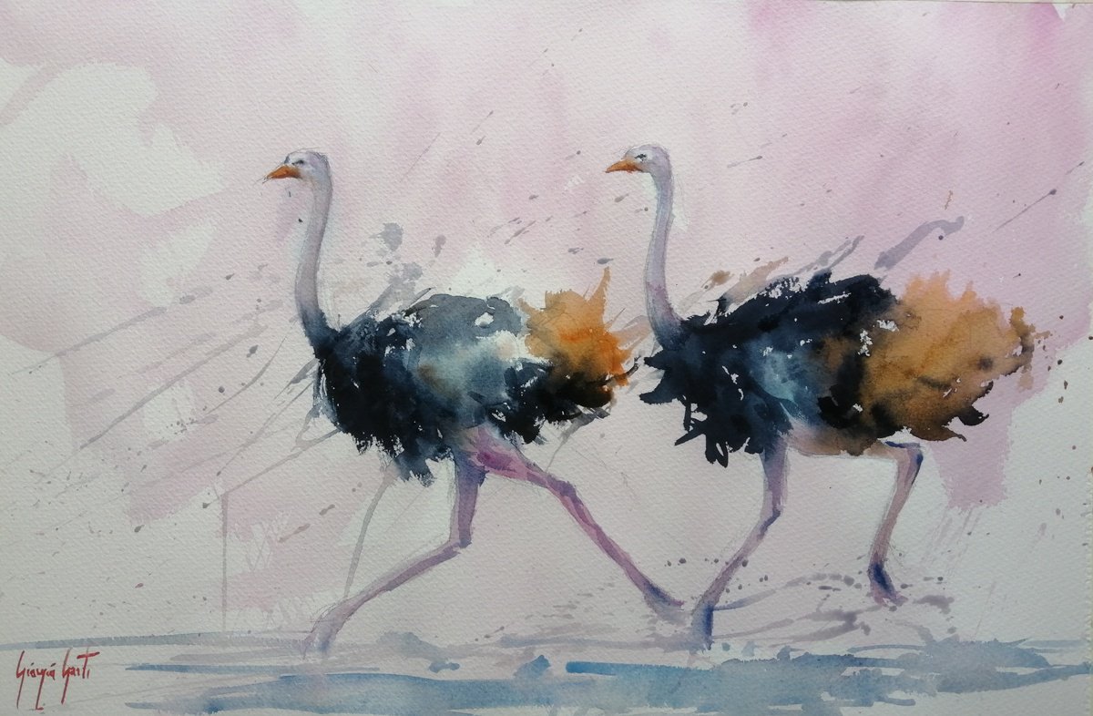 Impressionistic Watercolour , Ostriches 2 By Giorgio Gosti, 21 X 14, Artwork For Sale On Artfinder