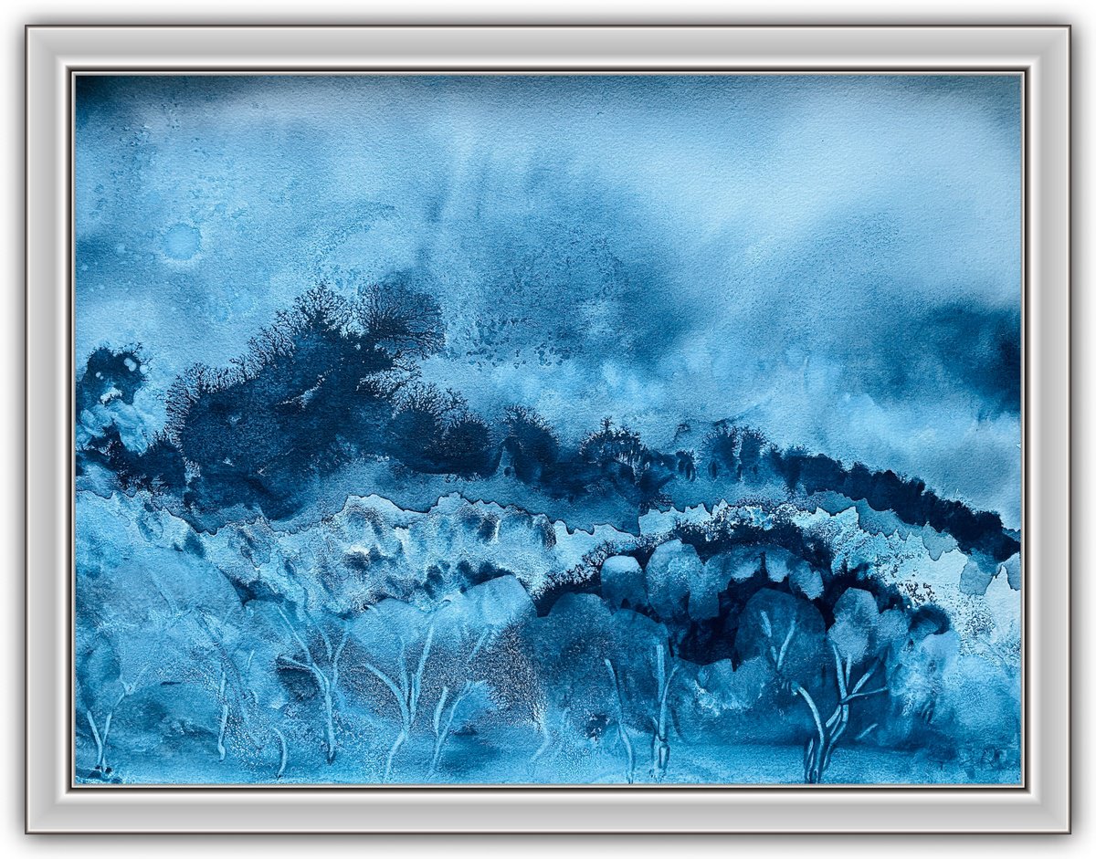 Abstract Landscape Watercolour By Gesa Reuter, 16 X 12, Mystic Winter Sun, Original Artwork