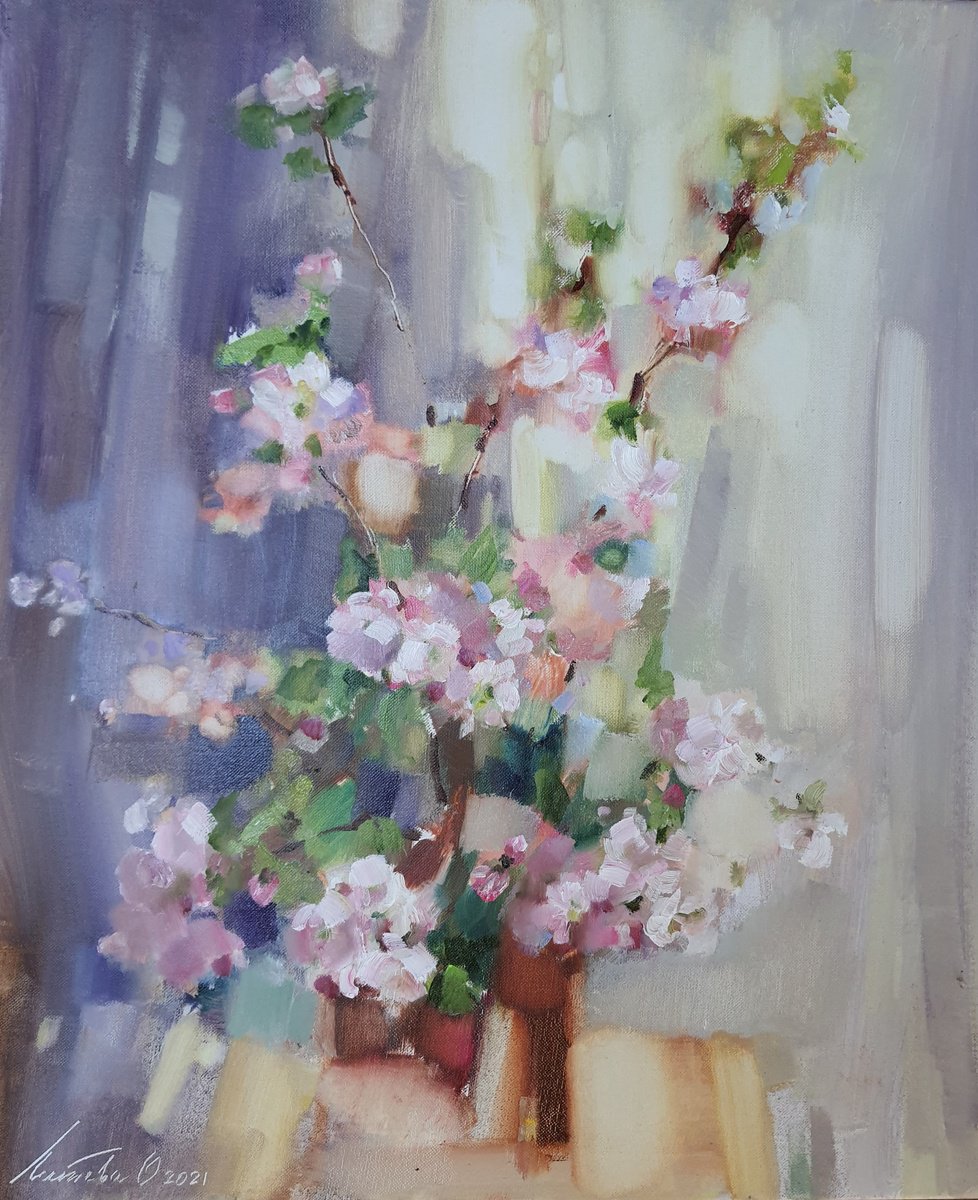 Abstract Still Life Oil Painting By Olha Laptieva, 20 X 24", Spring Freshness, Original Artwork