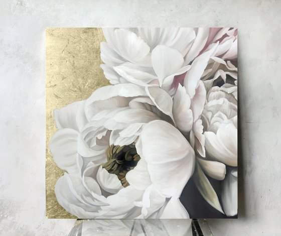 "Golden Silk Peonies" White gold peonies art