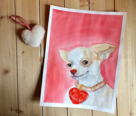 Valentine Chihuahua portrait with red heart - Funny gift idea for dog lover - Be my Valentine.