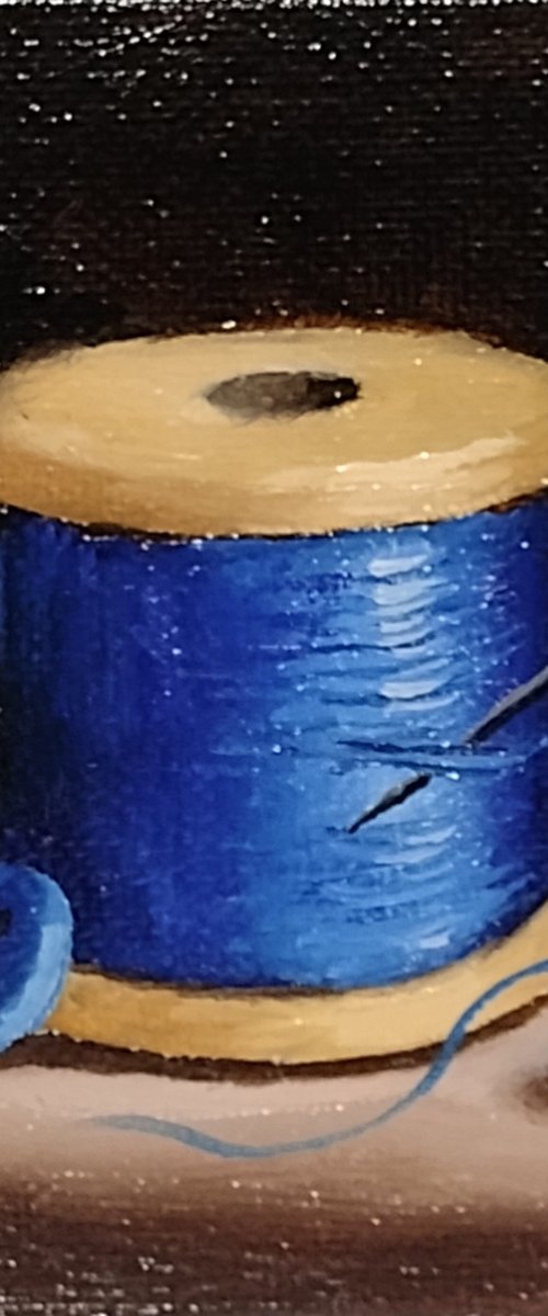 Little Blue cotton reel  still life by Jane Palmer Art