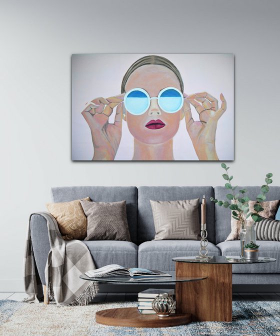 Extra large  painting, Girl with sunglasses / 140 x 90 x 5 cm