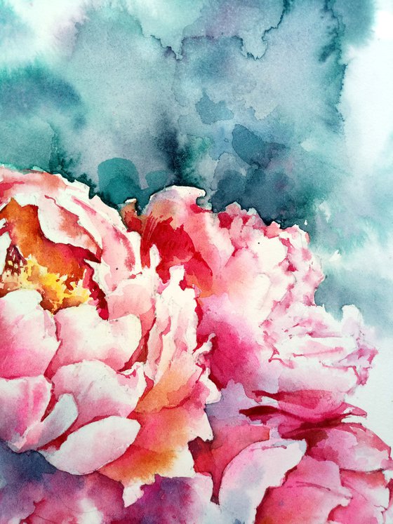 Abstract watercolor painting "Pink peonies" square format
