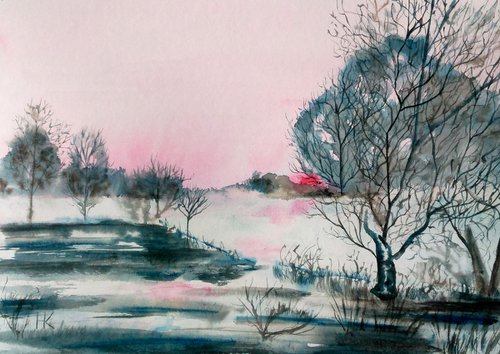 Sunrise Painting Vermont Original Art Landscape Watercolor Artwork Small Wall Art 17 by 12" by Halyna Kirichenko by Halyna Kirichenko