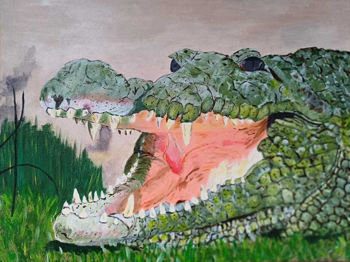 Photorealistic Animal Acrylic Painting By Corinne Hamer, 16 X 12, Nile Crocodile, Original Artwork