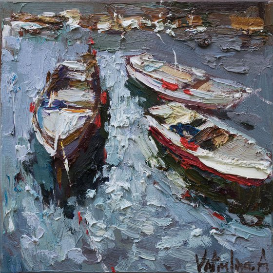 Boats in the bay - Original oil painting