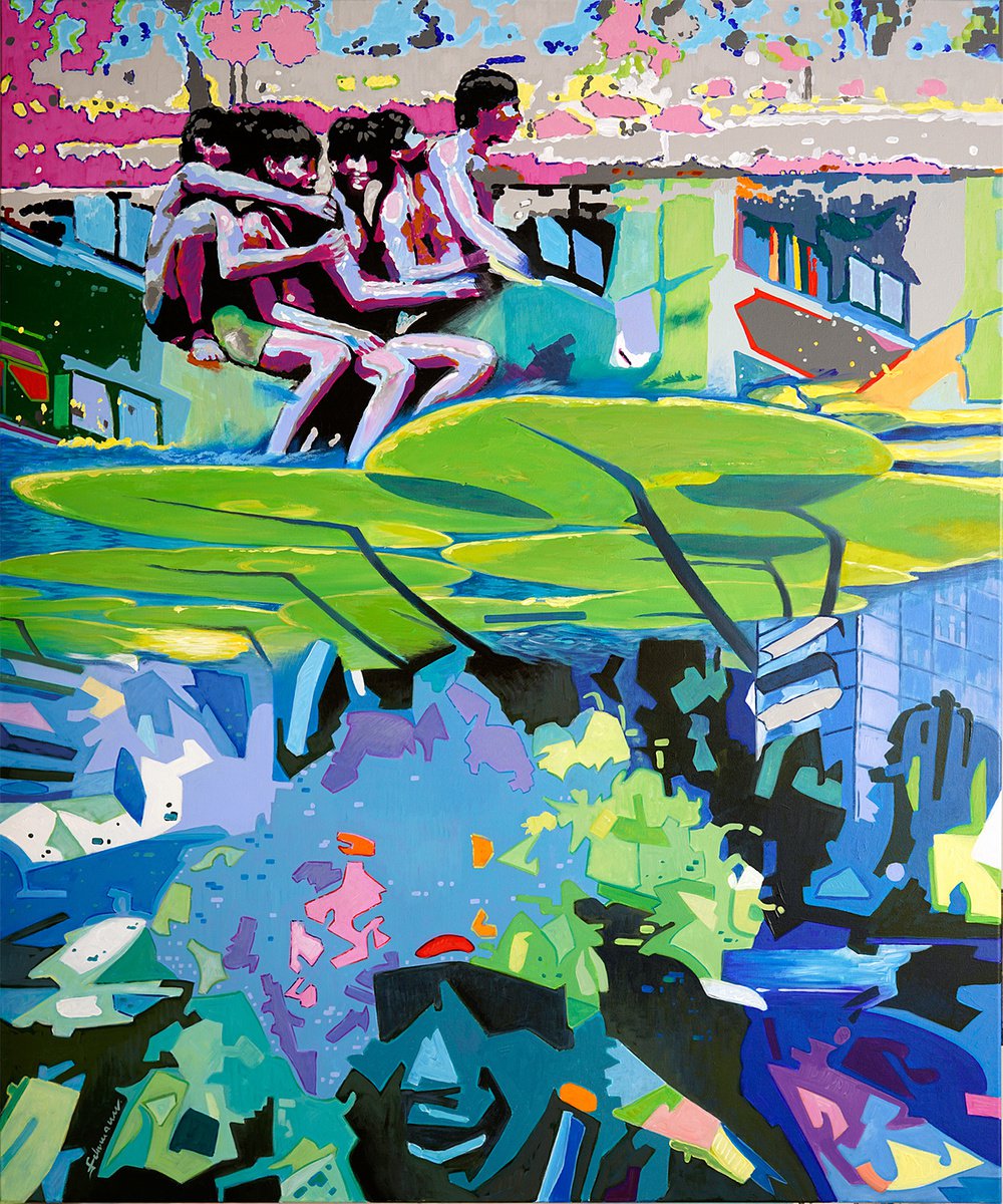 Abstract Portrait Acrylic Painting By Uwe Fehrmann, 39 X 47", Play By The Lake, Original Artwork