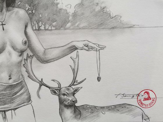 Drawing  Girl and deer #21914