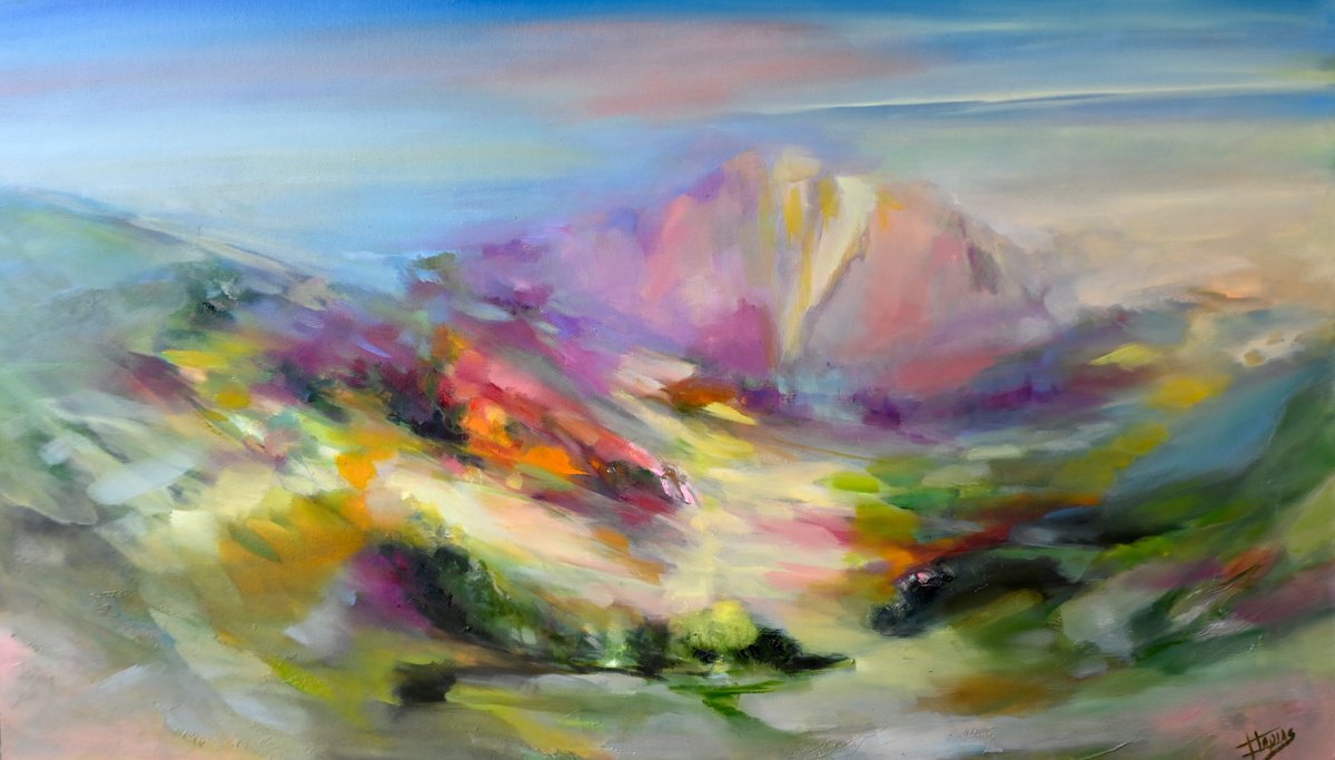 Expressive Landscape Oil Painting By Isabel Tapias, 47 X 28, My Secret Paradise, Original Artwork