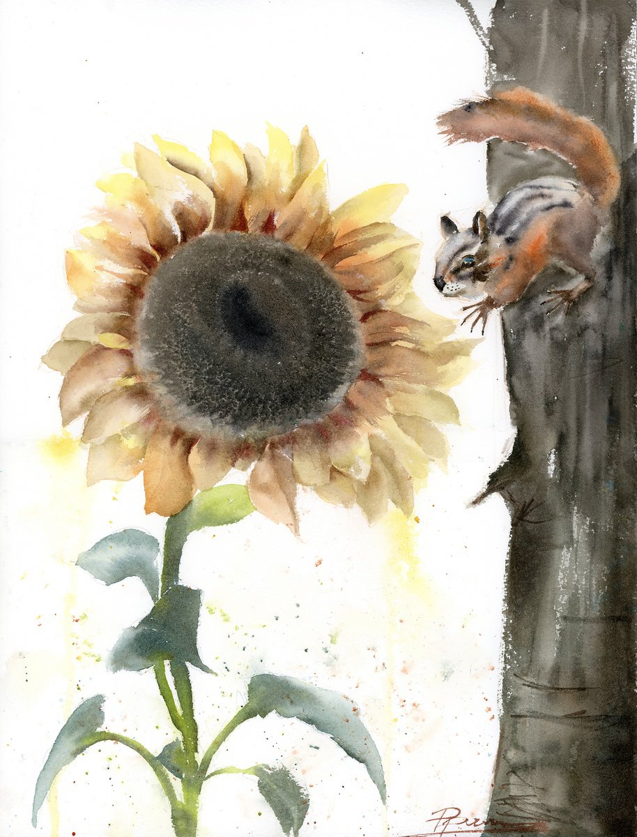 Impressionistic Animal Watercolour By Olga Tchefranov (Shefranov), 12 X 16", Curious Encounter, Original Artwork