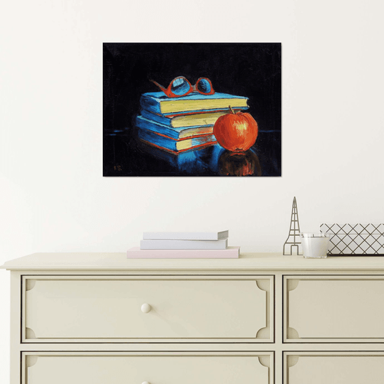 Still life: books and apple. 30x40cm