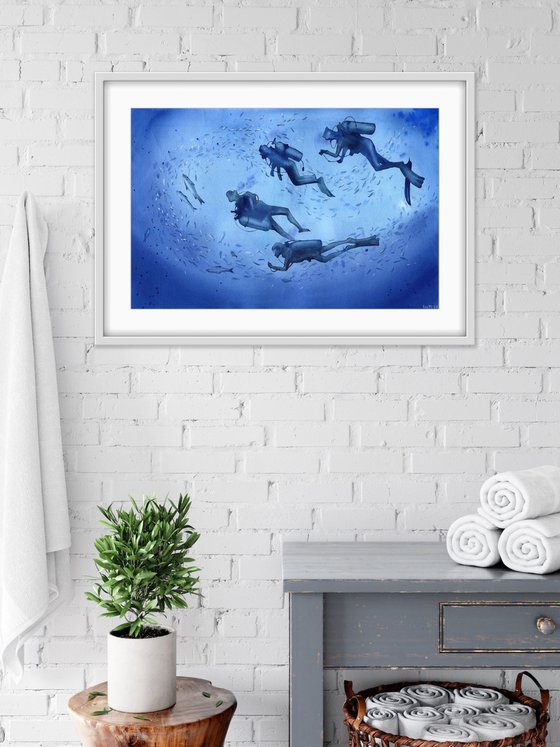 A group of divers deep underwater. Original artwork.