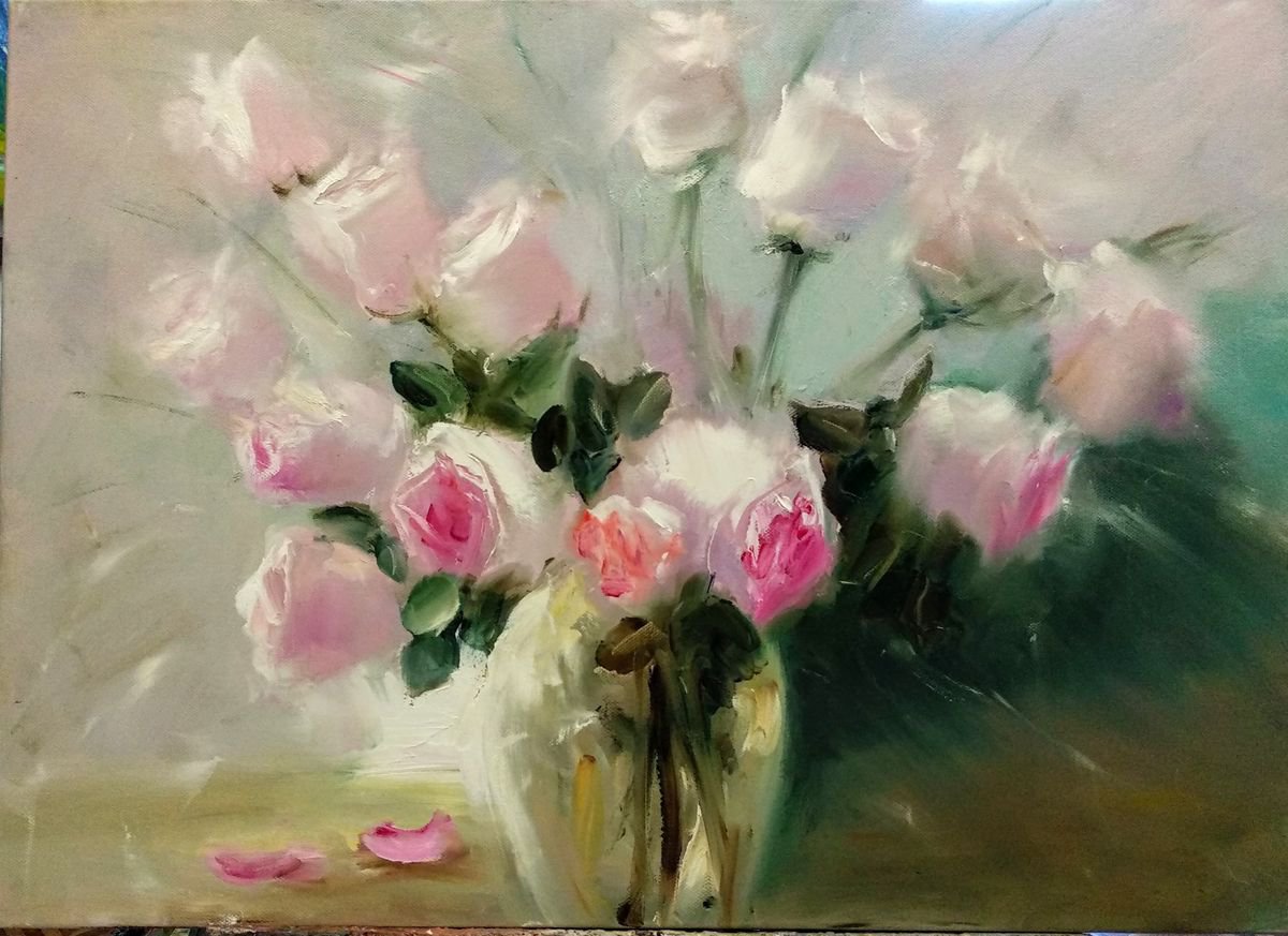 White Pink Roses Bouquet by Anastasia Art Line