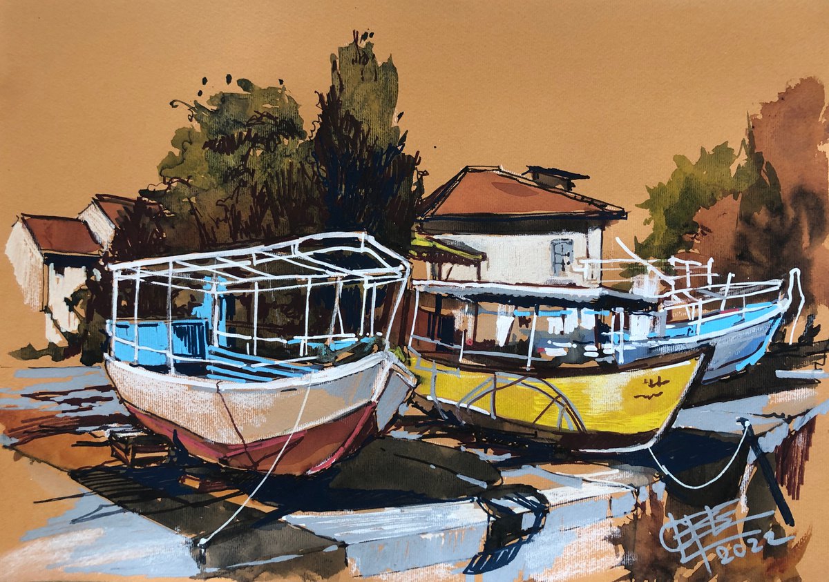 Impressionistic Cityscapes Painting By Olga Beloborodova, 14 X 10", Boats On Virpazar, Original Artwork