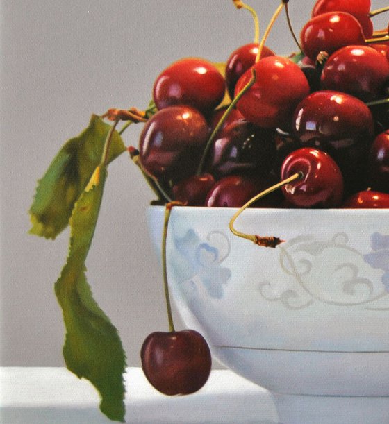 Still life with cherries  , Original oil on canvas painting