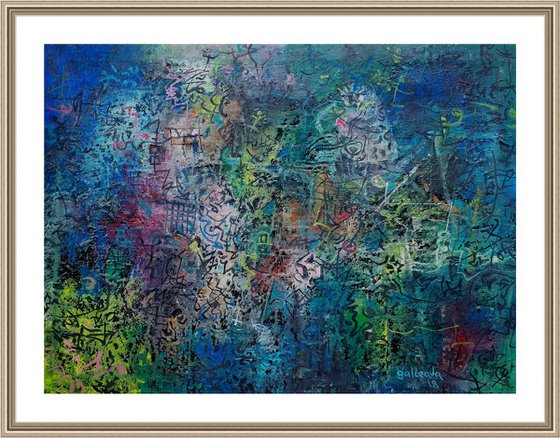 Striations, abstract oil paining in blue, original canvas art