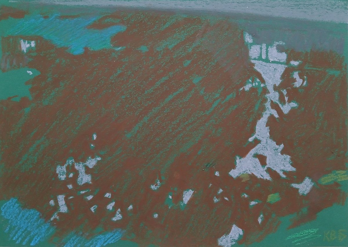 Graphic Landscape Pastel Drawing By Vasyl Koval, 13 X 9", Reflection, Original Artwork