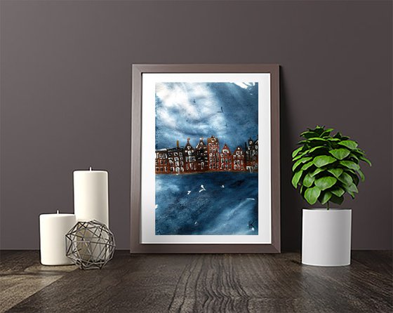 Amsterdam Painting Cityscape Original Art Nautical Artwork Sea Watercolor Sky Small Home Wall Art 8 by 12" by Halyna Kirichenko