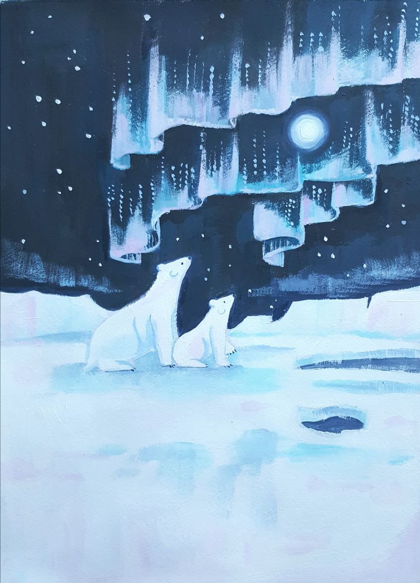 Aurora borealis- northern lights with polar bears by Mary Stubberfield
