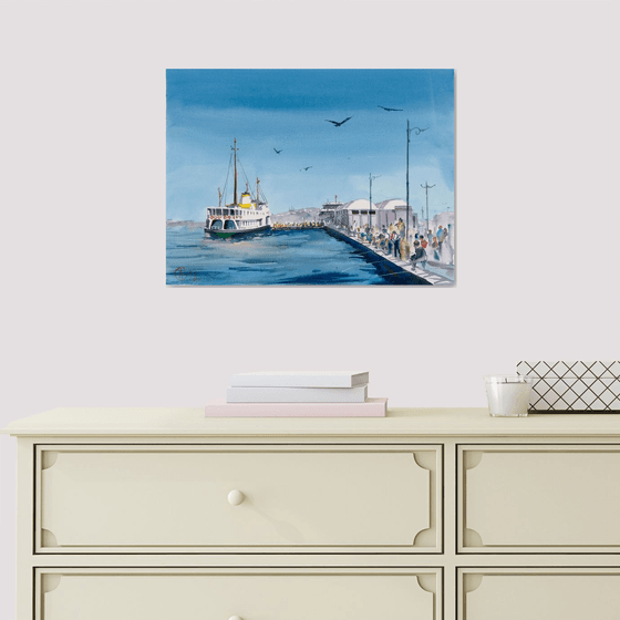 Istanbul boat station. Original watercolor. Sea Turkey Blue travel city urban scene interior