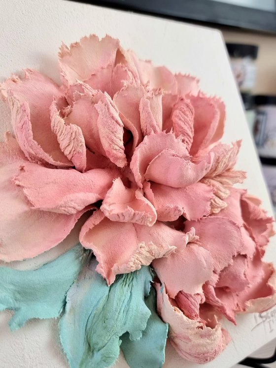 Peony flower panel. Small ceramic sculpture 3d flower with pink petals. Tender peony botanical bas- relief. Peonies - 3d painting