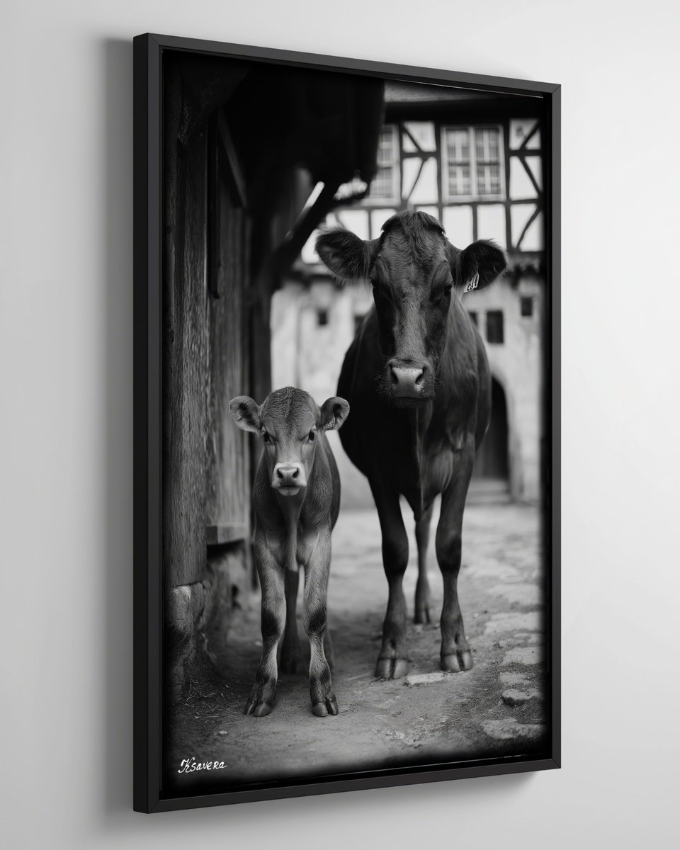 Photorealistic Animal Photograph By Ksavera, 25 X 37", Cow And Calf B0805J, Original Artwork