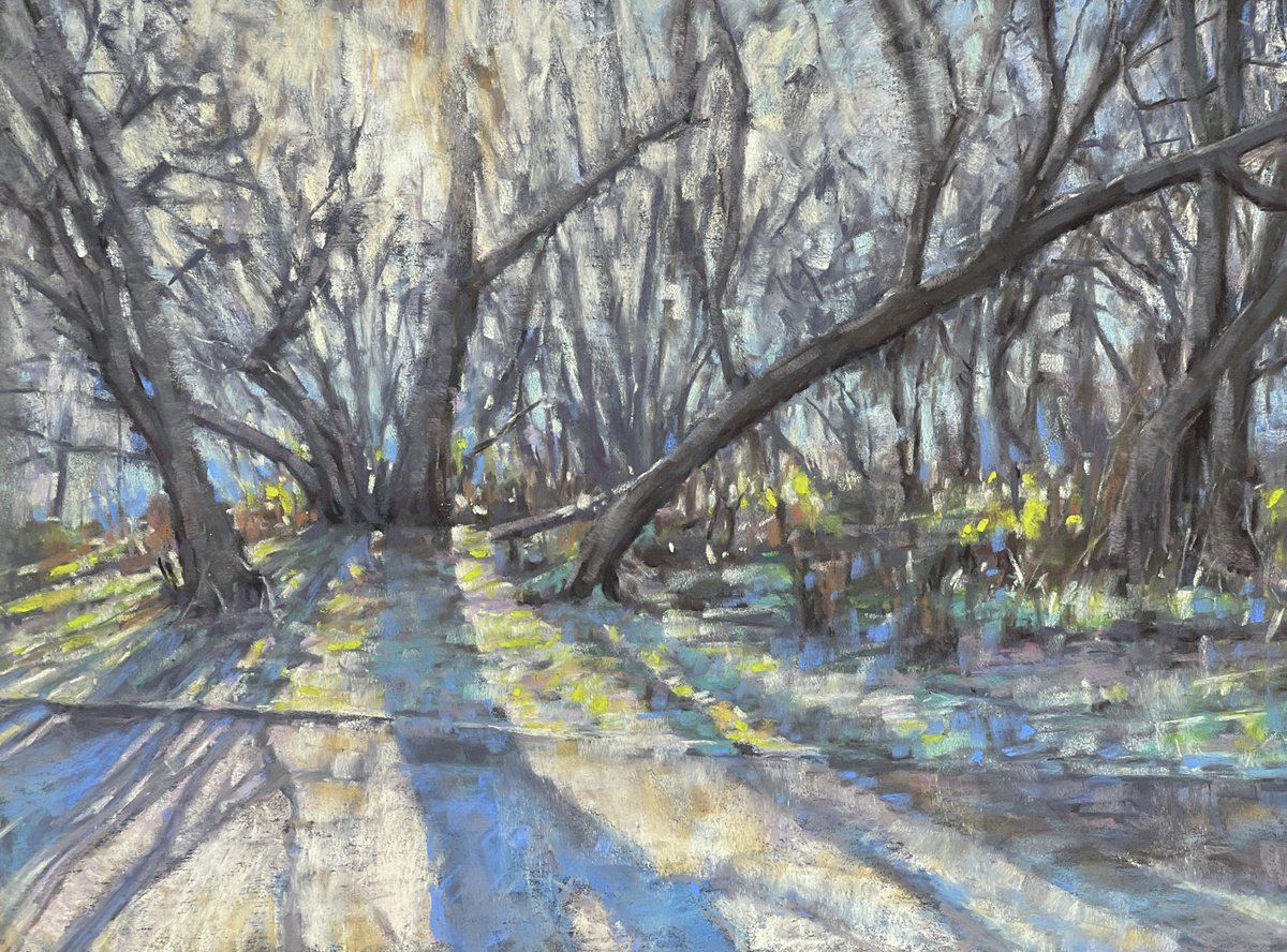 Impressionistic Landscape Pastel Drawing By Louise Gillard, 16 X 12", Clapham Common Frozen Path, Original Artwork