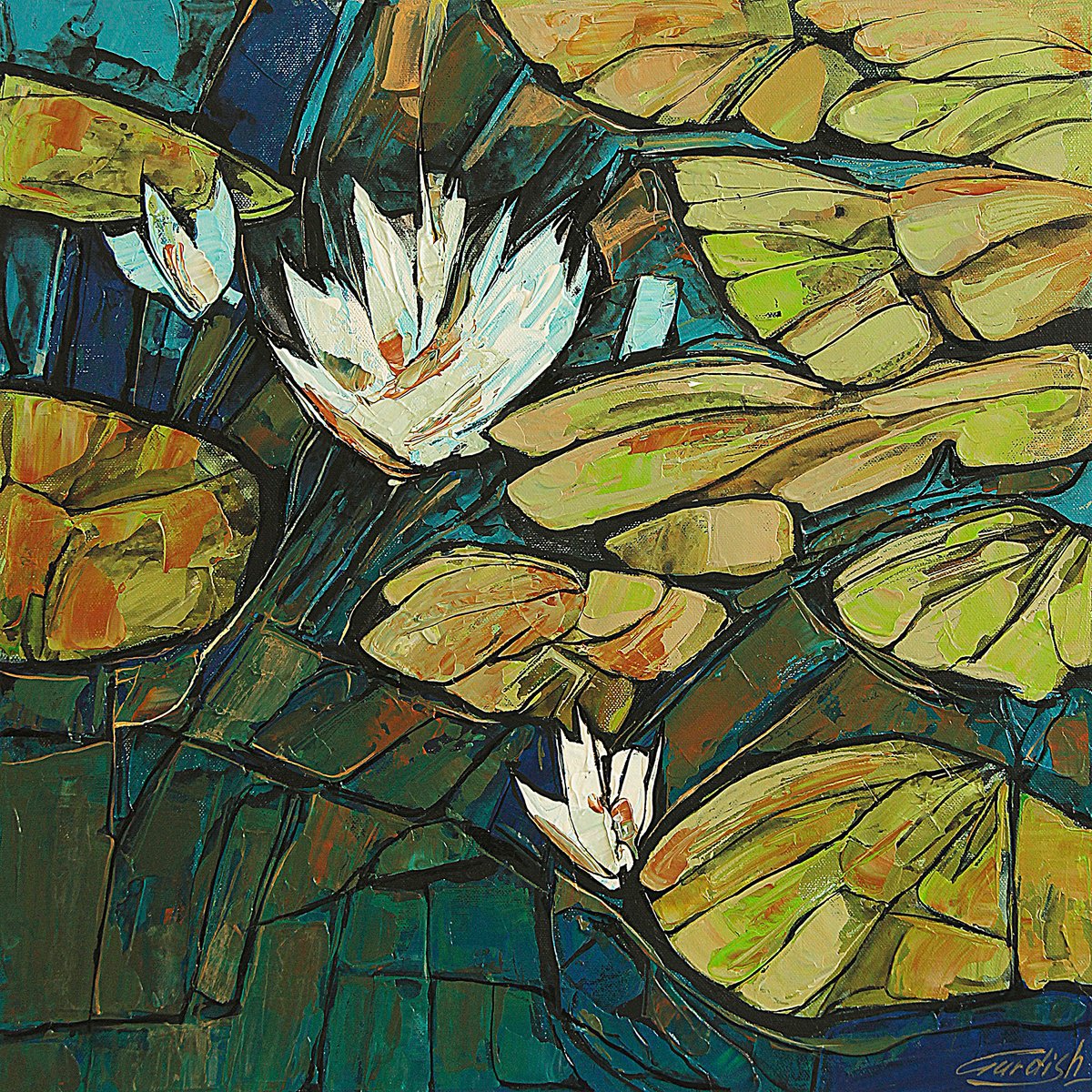 Abstract Acrylic Painting By Artist Gurdish Pannu, 18 X 18, Abstract Water Lilies Pond, Original Artwork