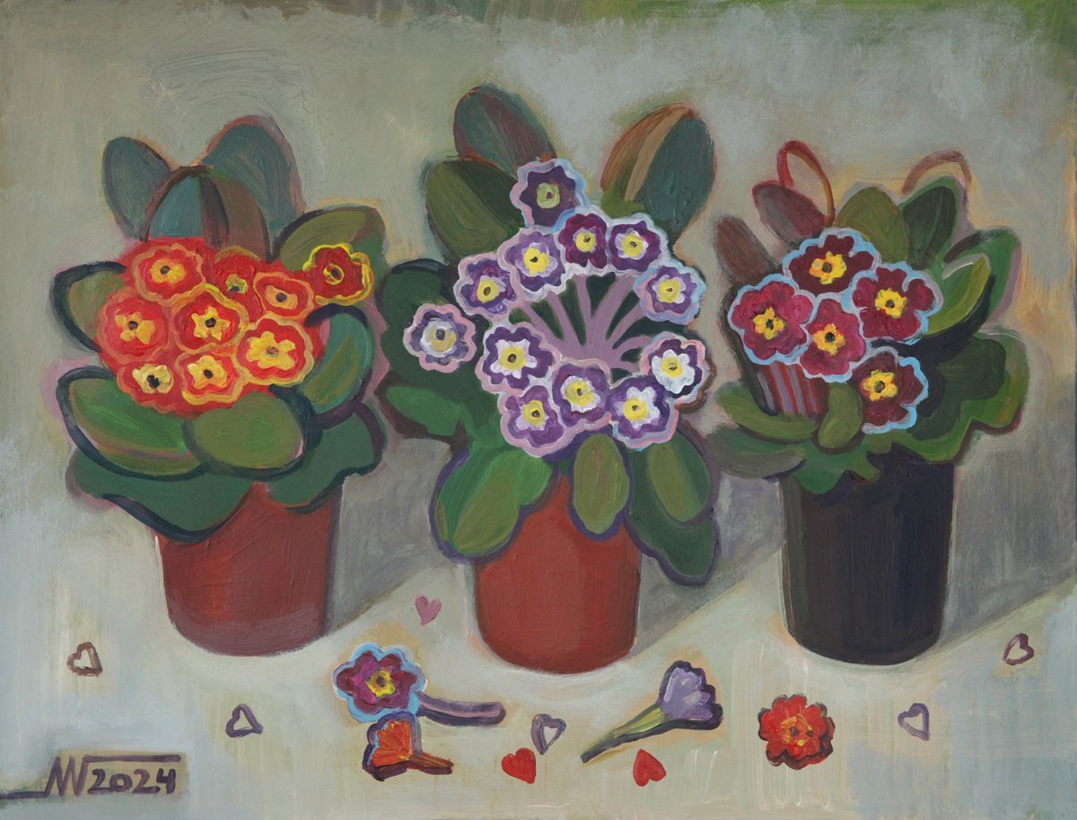 Botanical Acrylic Painting By Marina Gorkaeva, 20 X 16", Primulas, Original Artwork