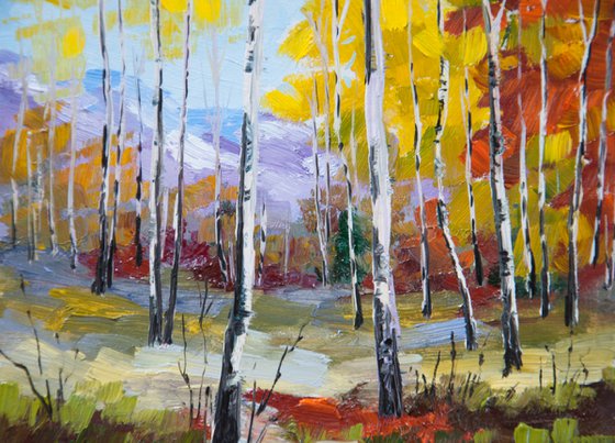 Birches. Oil painting. Forest landscape. Miniature. 6 x 6 in.