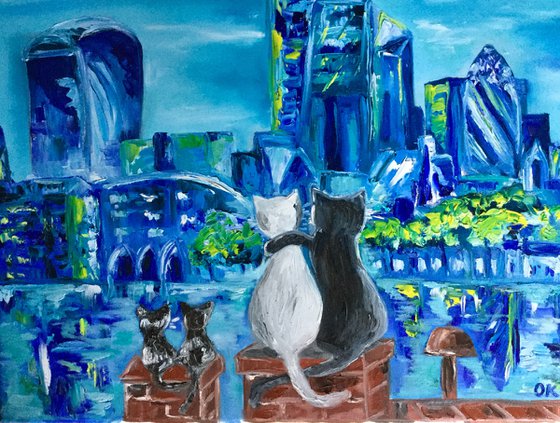 Cats  holiday in London,  evening cityscape , spring time, city of London