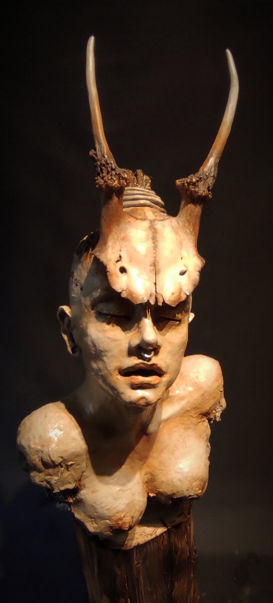 Surrealistic Portrait Sculpture By Elena Kraft, 11 X 31, Tribal Soul Ii, Original Artwork