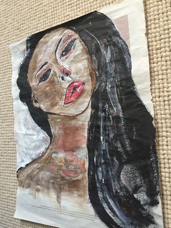 Lushes Acrylic on Newspaper Face Art Woman Portrait Red Lips 37x29cm Gift Ideas Original Art Modern Art Contemporary Painting Abstract Art For Sale Free Shipping