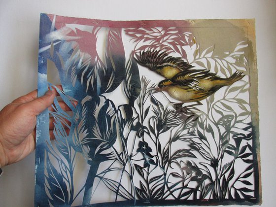 gold finch in garden, watercolor and paper cut