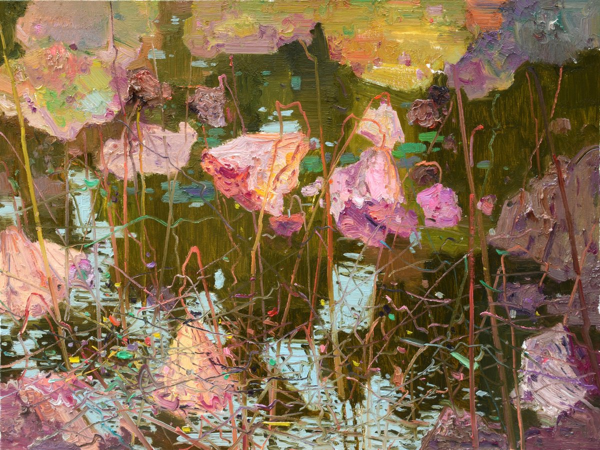 Impressionistic Landscape Oil Painting By Jianzhe Chon, 31 X 24, Waterlilies In Pond 190, Original Artwork