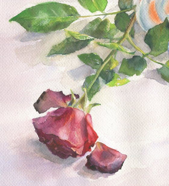Last chords. Red / ORIGINAL watercolor ~11x15in (28x37,5cm). Autumn bouquet. Rose