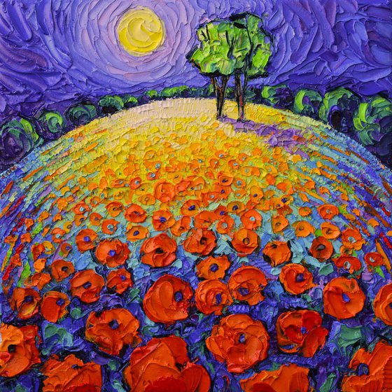 POPPIES ROUNDSCAPE FAIRY NIGHT textural impressionist impasto palette knife oil painting by Ana Maria Edulescu