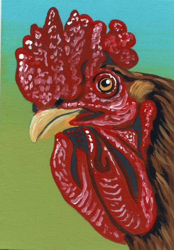 ACEO ATC Original Miniature Painting Rhode Island Rooster Farmyard Art-Carla Smale