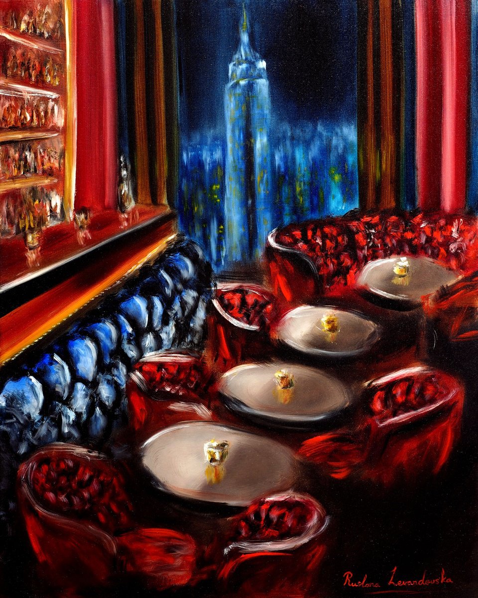 Impressionistic Cityscapes Oil Painting By Ruslana Levandovska, 24 X 30", New York Lounge Bar - Interior, Original Artwork