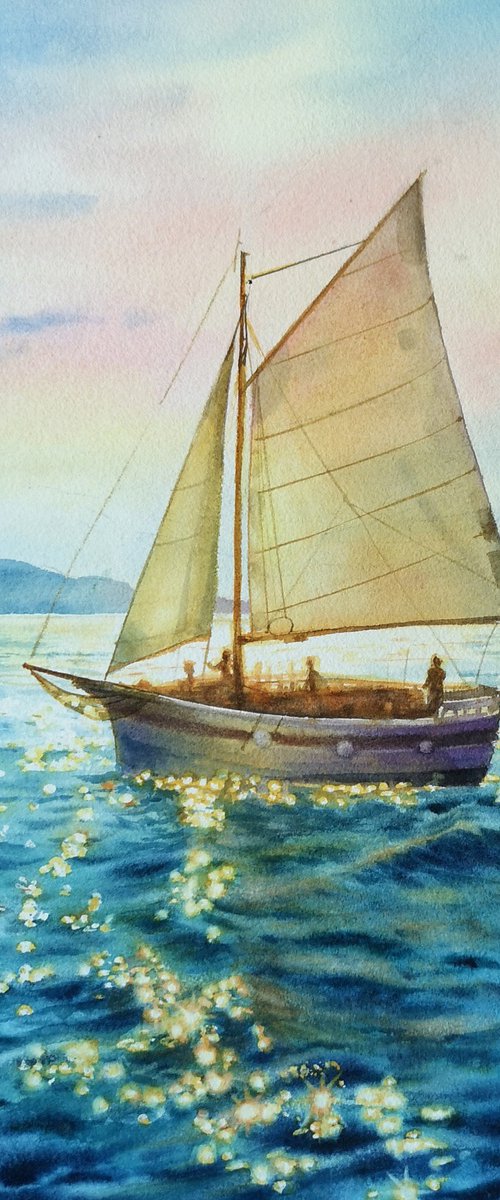 Sailboat in the Sunset by Olga Beliaeva Watercolour