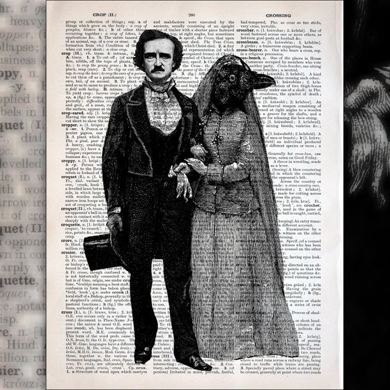 Edgar Allan Poe And Lady Raven - Collage Art Print on Large Real English Dictionary Vintage Book Page