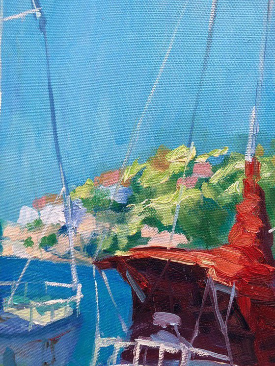 Yachts. Somewhere in Spain ( sea boats  ) XXL landscape oil painting