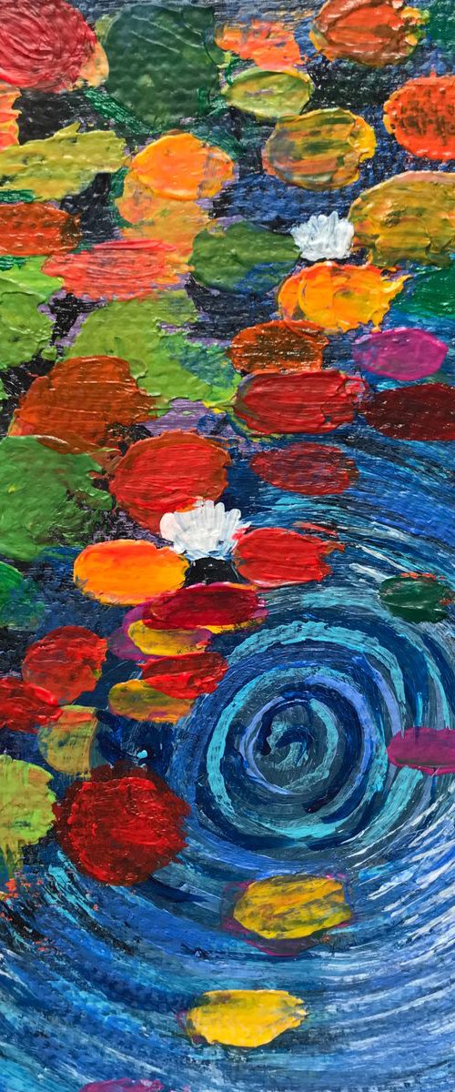 Water lilies pond with ripples ! Miniature painting! Ready to hang! by Amita Dand