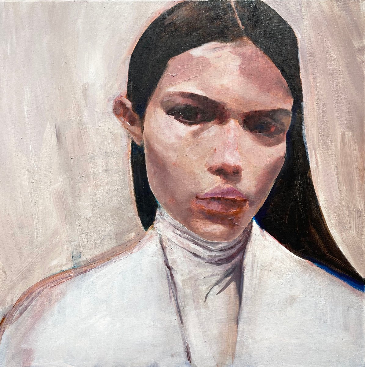 Expressive Portrait Oil Painting By Elina Evstig, 24 X 24, Untitled #11, Original Artwork