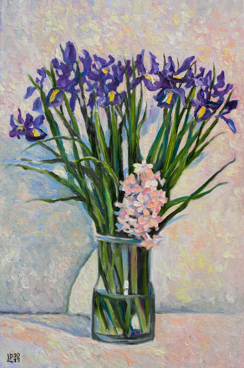 Blue Irises and Hyacinth by Liudmila Pisliakova