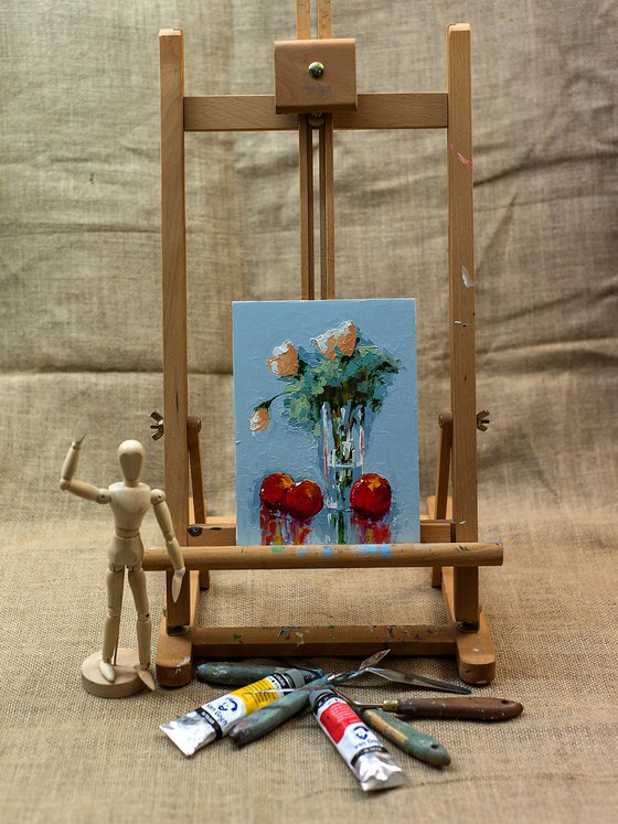 Abstract still life oil painting with flowers in vase